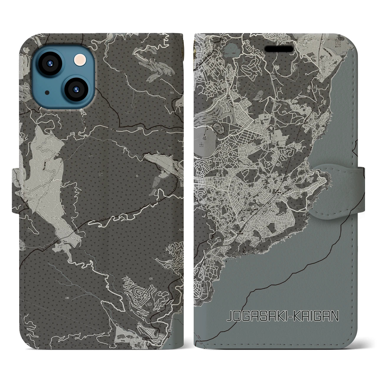 【城ヶ崎海岸(静岡県)】地図柄iPhoneケース(手帳タイプ)モノトーン・iPhone 13 用