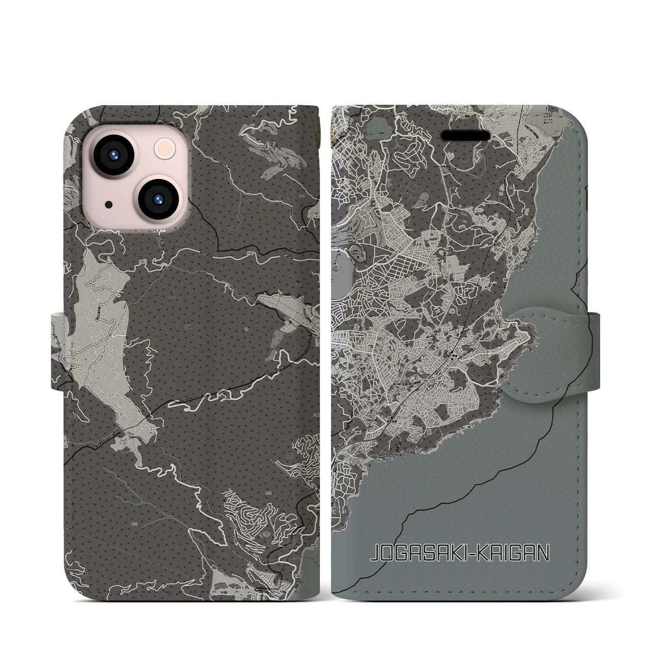 【城ヶ崎海岸(静岡県)】地図柄iPhoneケース(手帳タイプ)モノトーン・iPhone 13 mini 用