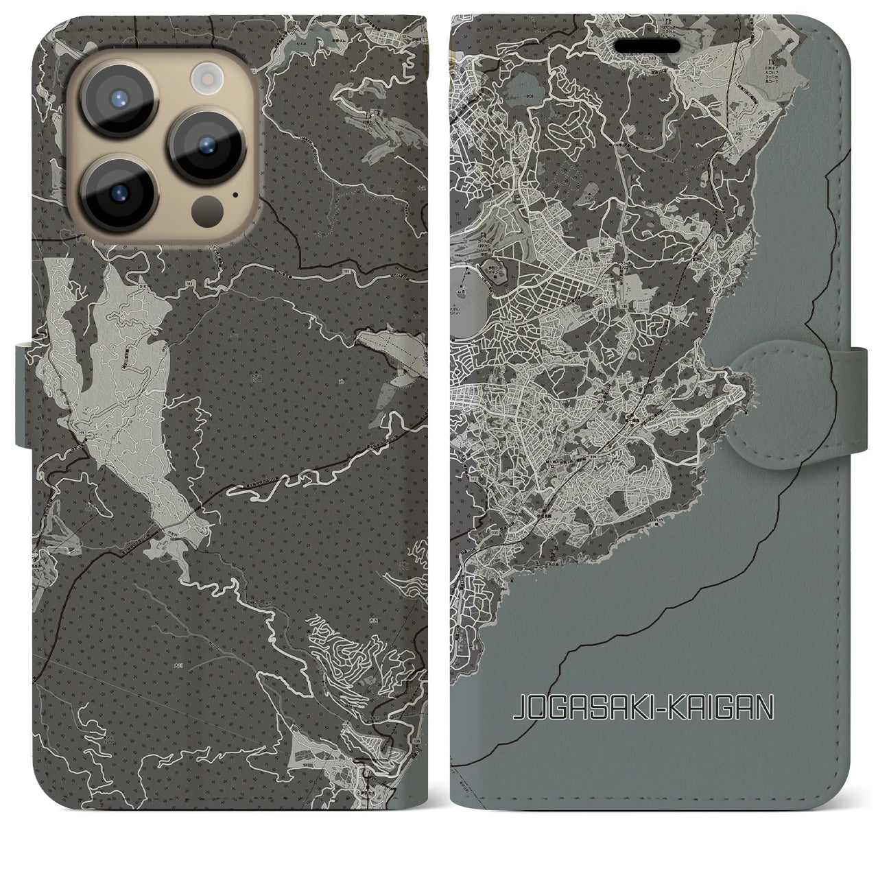 【城ヶ崎海岸(静岡県)】地図柄iPhoneケース(手帳タイプ)モノトーン・iPhone 14 Pro Max 用