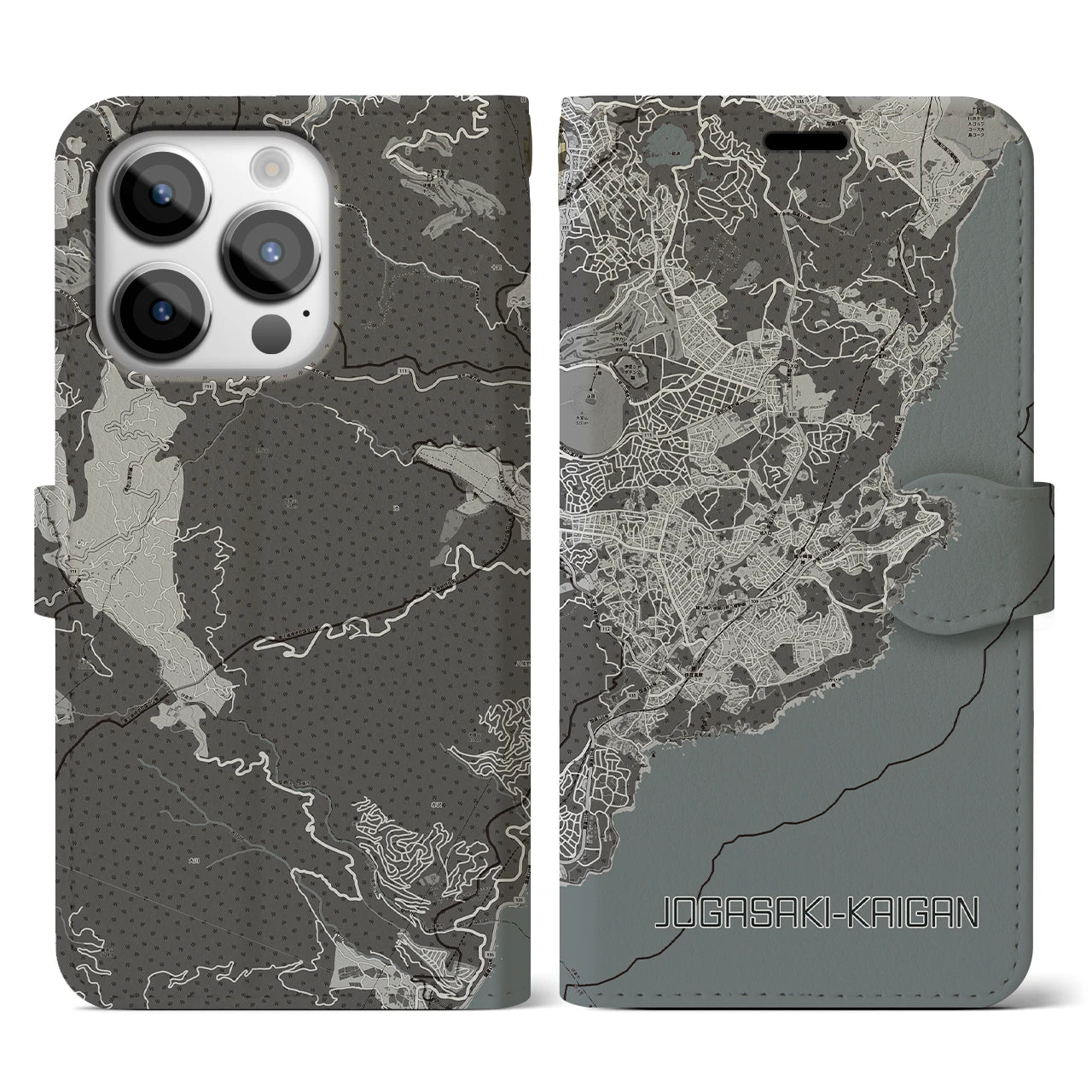 【城ヶ崎海岸(静岡県)】地図柄iPhoneケース(手帳タイプ)モノトーン・iPhone 14 Pro 用