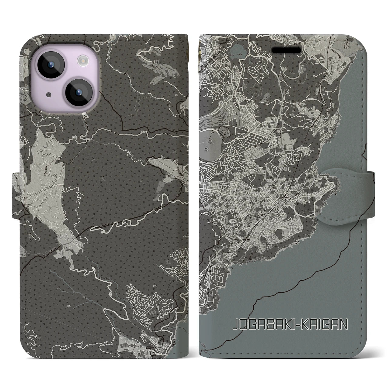 【城ヶ崎海岸(静岡県)】地図柄iPhoneケース(手帳タイプ)モノトーン・iPhone 14 用