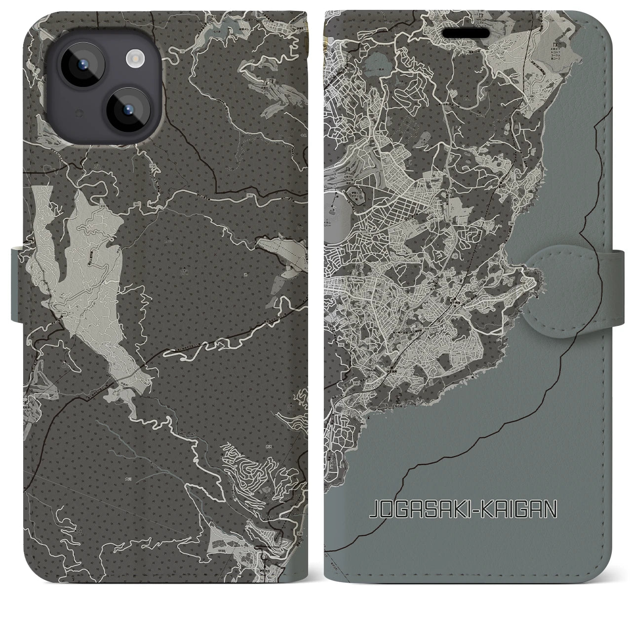 【城ヶ崎海岸(静岡県)】地図柄iPhoneケース(手帳タイプ)モノトーン・iPhone 14 Plus 用