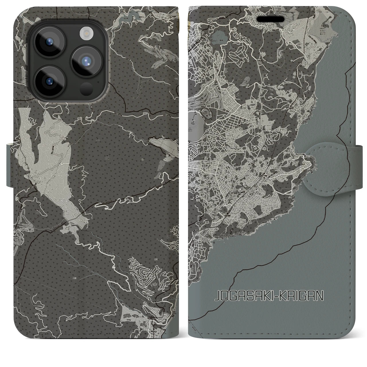 【城ヶ崎海岸(静岡県)】地図柄iPhoneケース(手帳タイプ)モノトーン・iPhone 15 Pro Max 用
