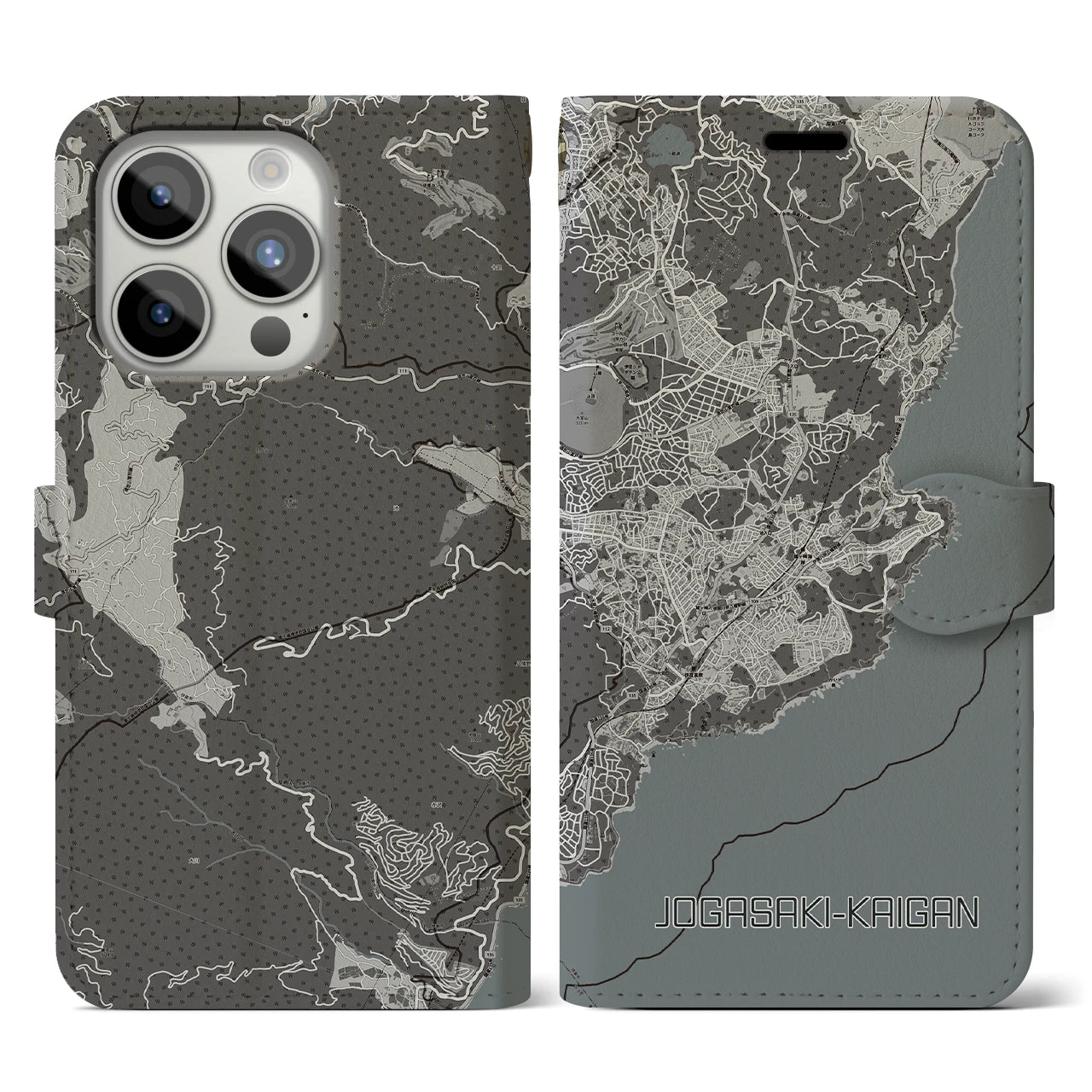 【城ヶ崎海岸(静岡県)】地図柄iPhoneケース(手帳タイプ)モノトーン・iPhone 15 Pro 用