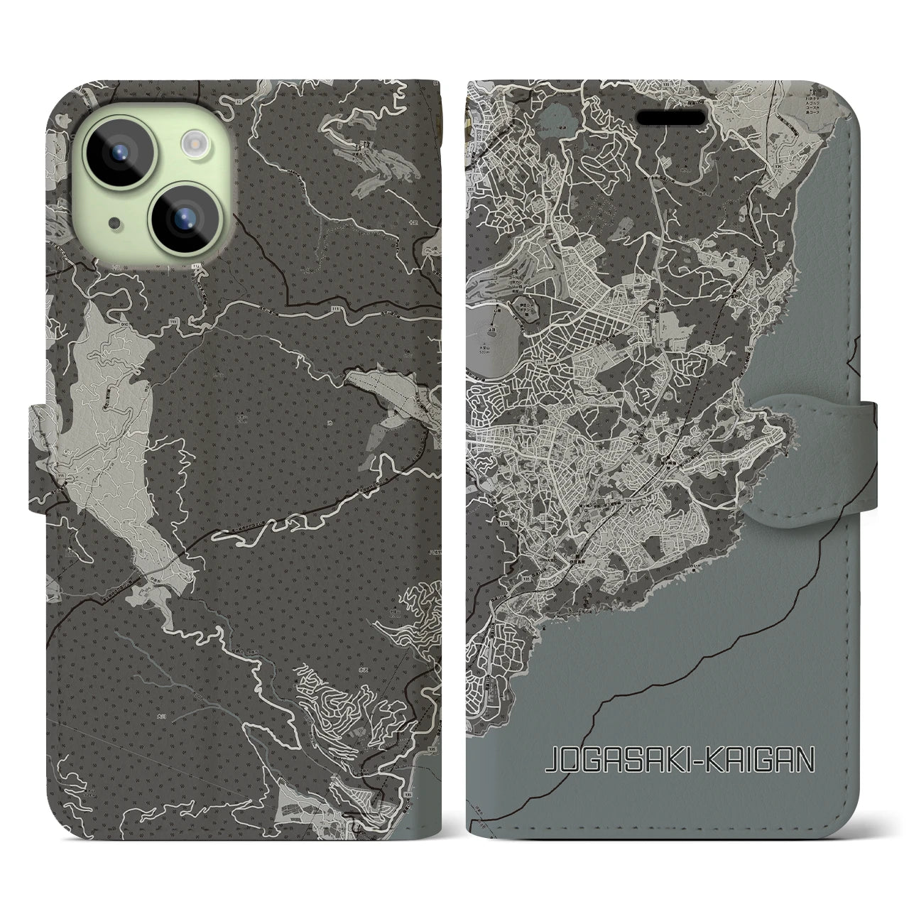 【城ヶ崎海岸(静岡県)】地図柄iPhoneケース(手帳タイプ)モノトーン・iPhone 15 用