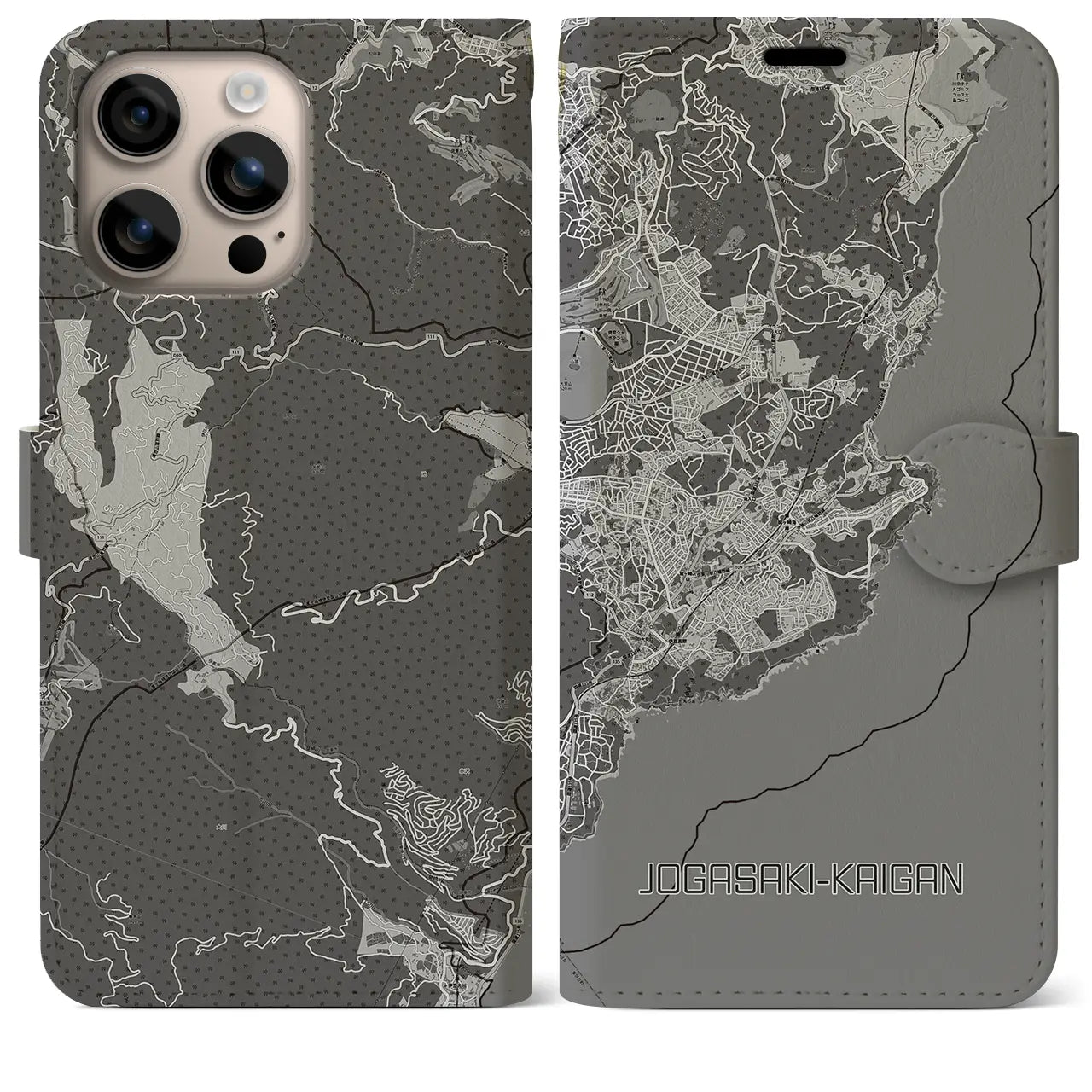 【城ヶ崎海岸(静岡県)】地図柄iPhoneケース(手帳タイプ)モノトーン・iPhone 16 Plus 用
