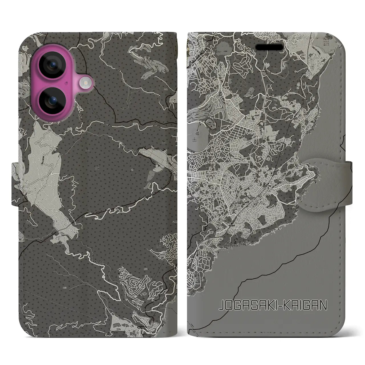 【城ヶ崎海岸(静岡県)】地図柄iPhoneケース(手帳タイプ)モノトーン・iPhone 16 Pro 用