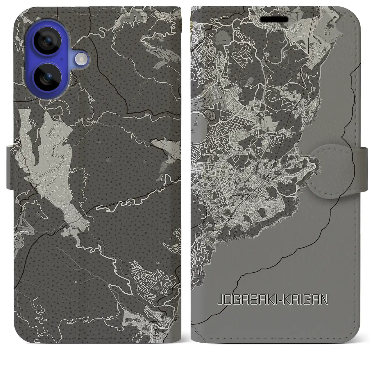 【城ヶ崎海岸(静岡県)】地図柄iPhoneケース(手帳タイプ)モノトーン・iPhone 16 Pro Max 用