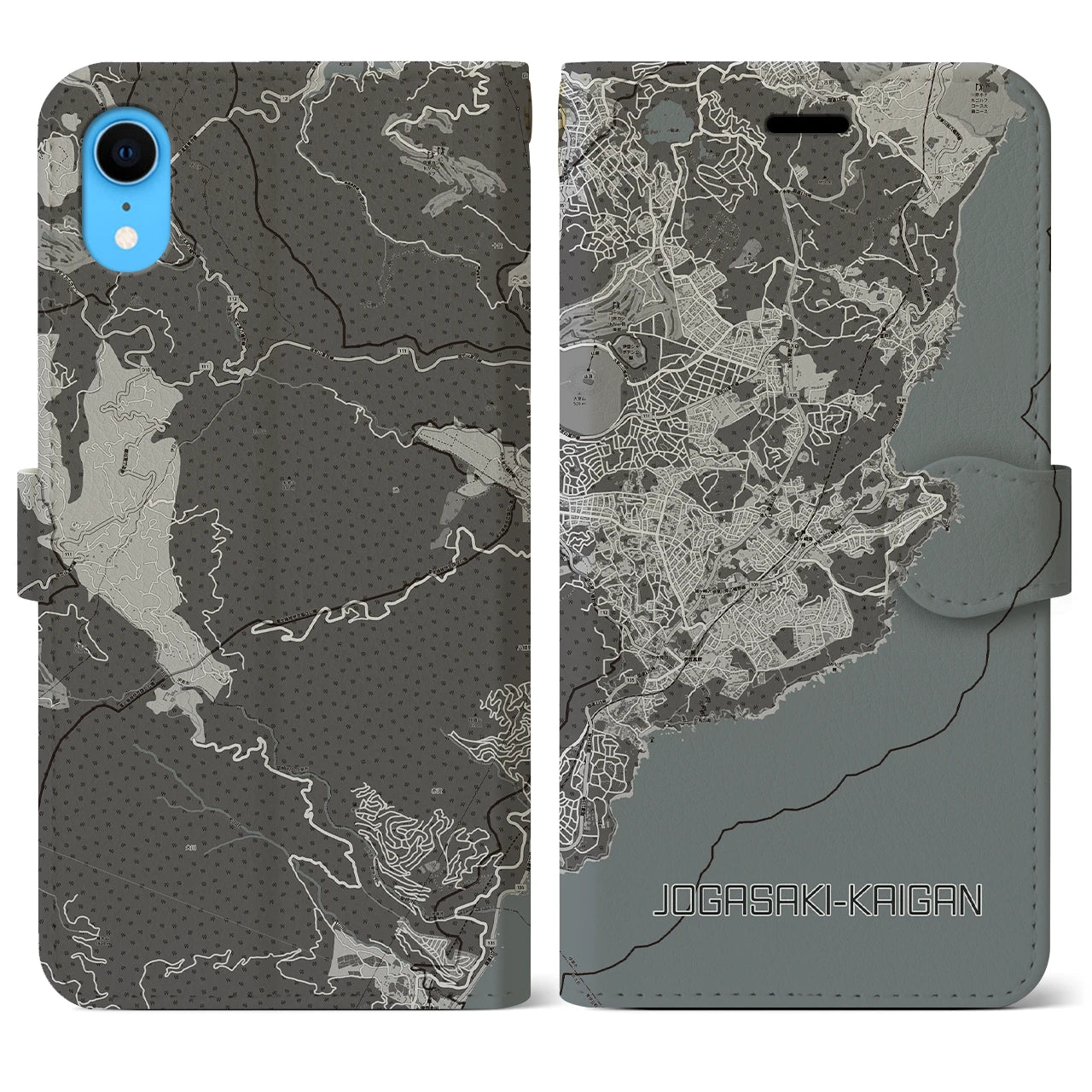 【城ヶ崎海岸(静岡県)】地図柄iPhoneケース(手帳タイプ)モノトーン・iPhone XR 用