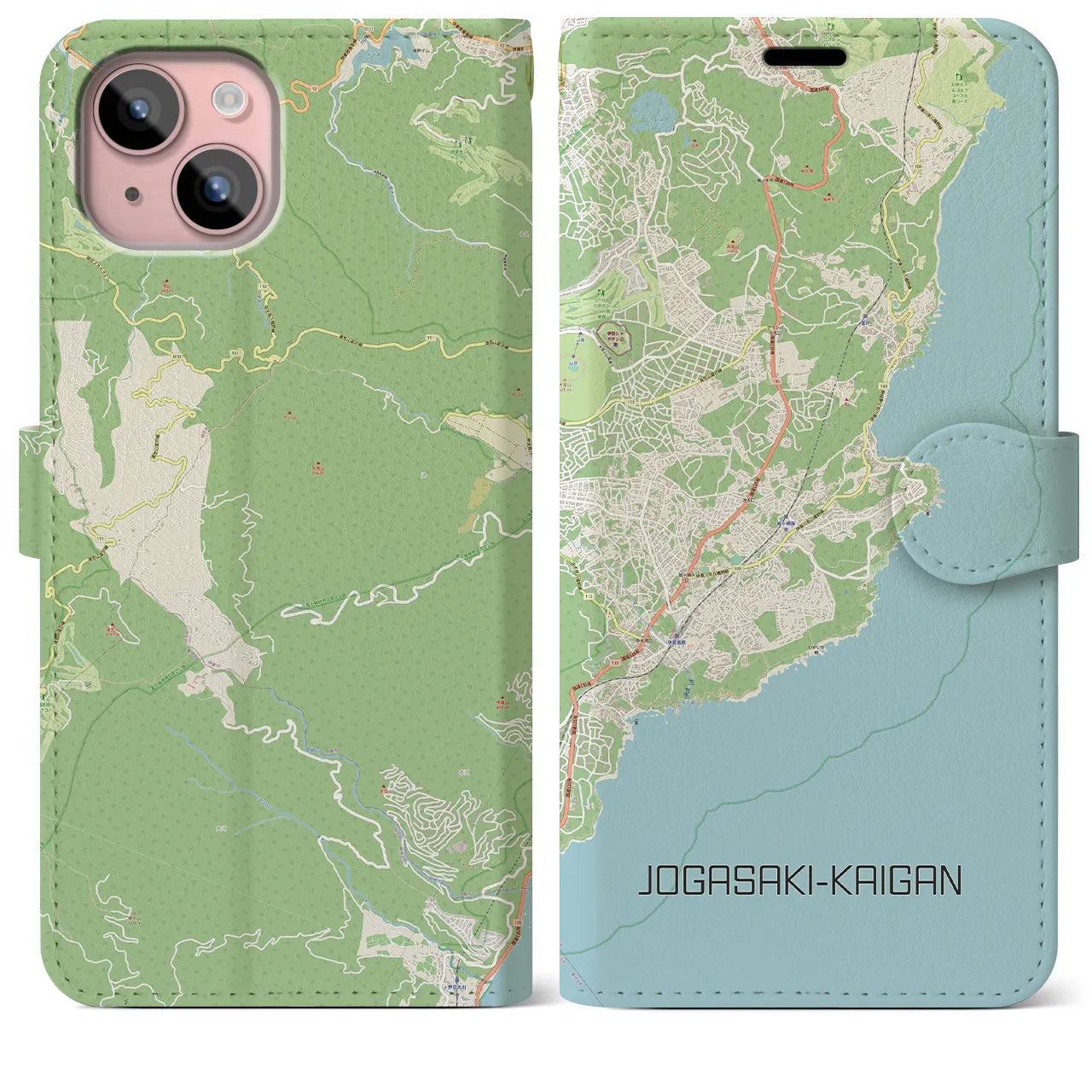 【城ヶ崎海岸(静岡県)】地図柄iPhoneケース(手帳タイプ)ナチュラル・iPhone 15 Plus 用