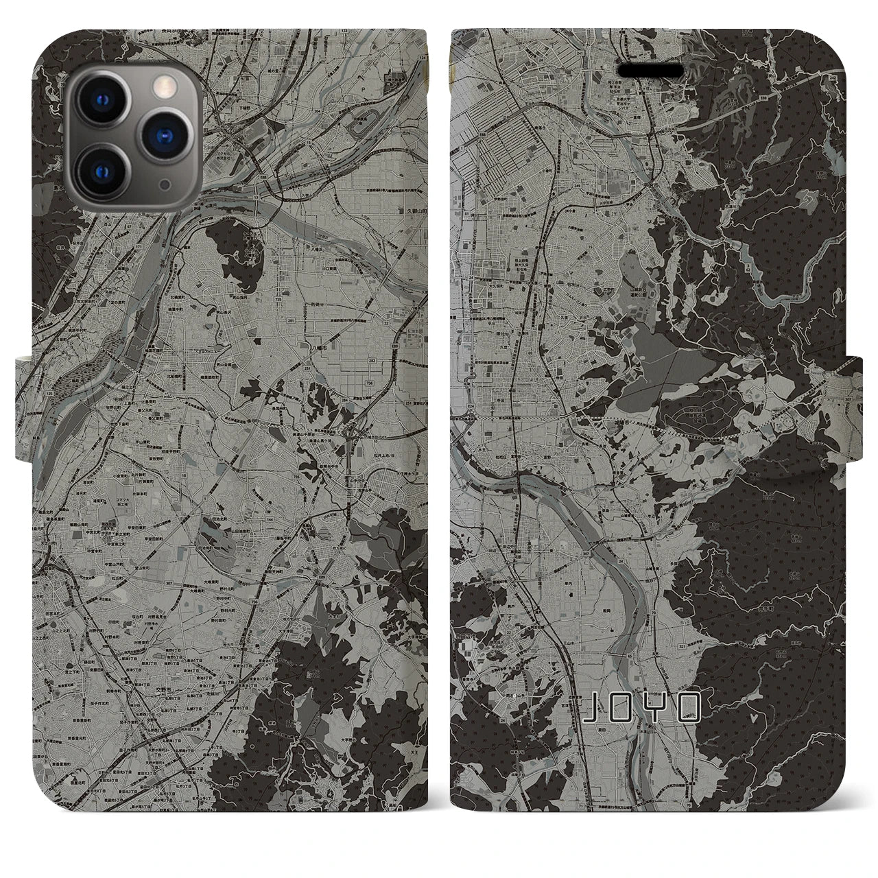 【城陽(京都府)】地図柄iPhoneケース(手帳タイプ)モノトーン・iPhone 11 Pro Max 用