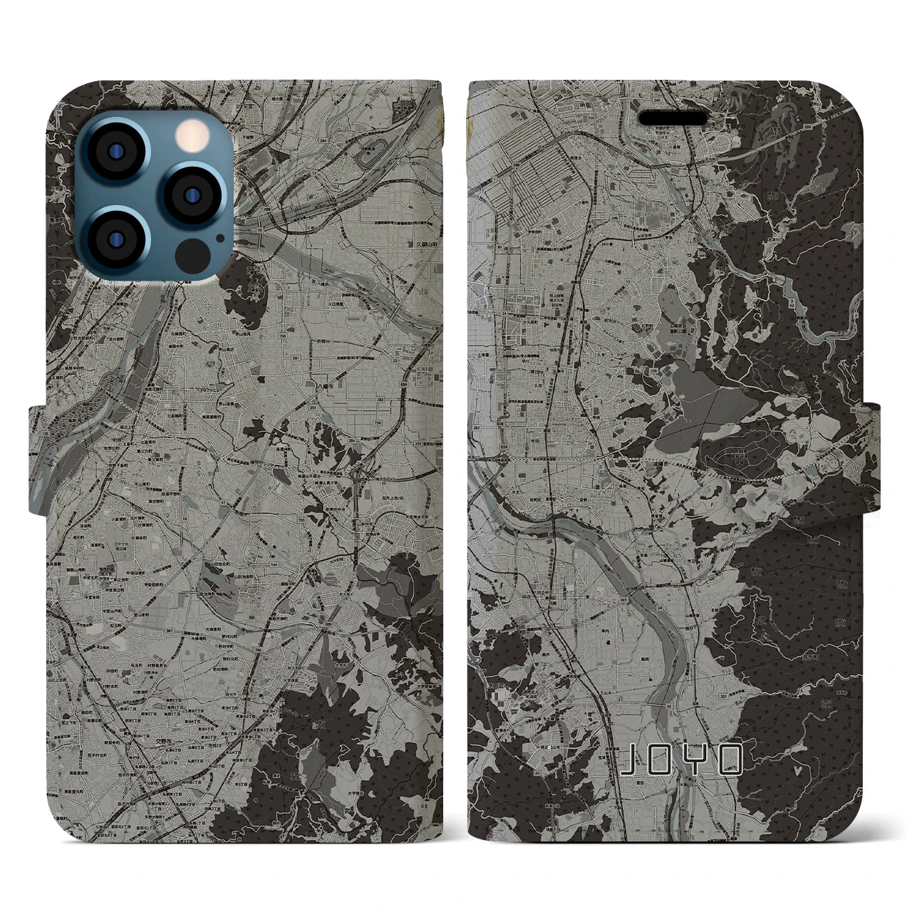 【城陽(京都府)】地図柄iPhoneケース(手帳タイプ)モノトーン・iPhone 12 / 12 Pro 用