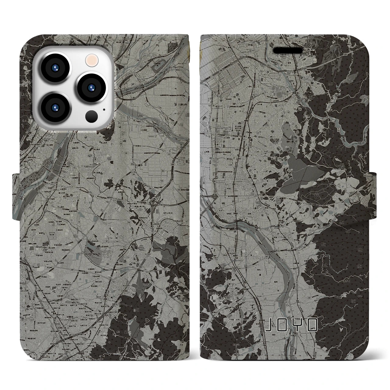【城陽(京都府)】地図柄iPhoneケース(手帳タイプ)モノトーン・iPhone 13 Pro 用