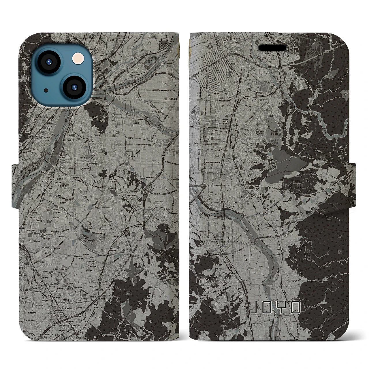 【城陽(京都府)】地図柄iPhoneケース(手帳タイプ)モノトーン・iPhone 13 用