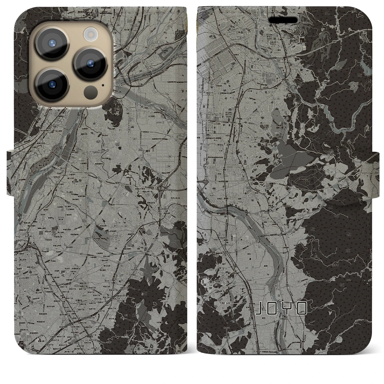 【城陽(京都府)】地図柄iPhoneケース(手帳タイプ)モノトーン・iPhone 14 Pro Max 用