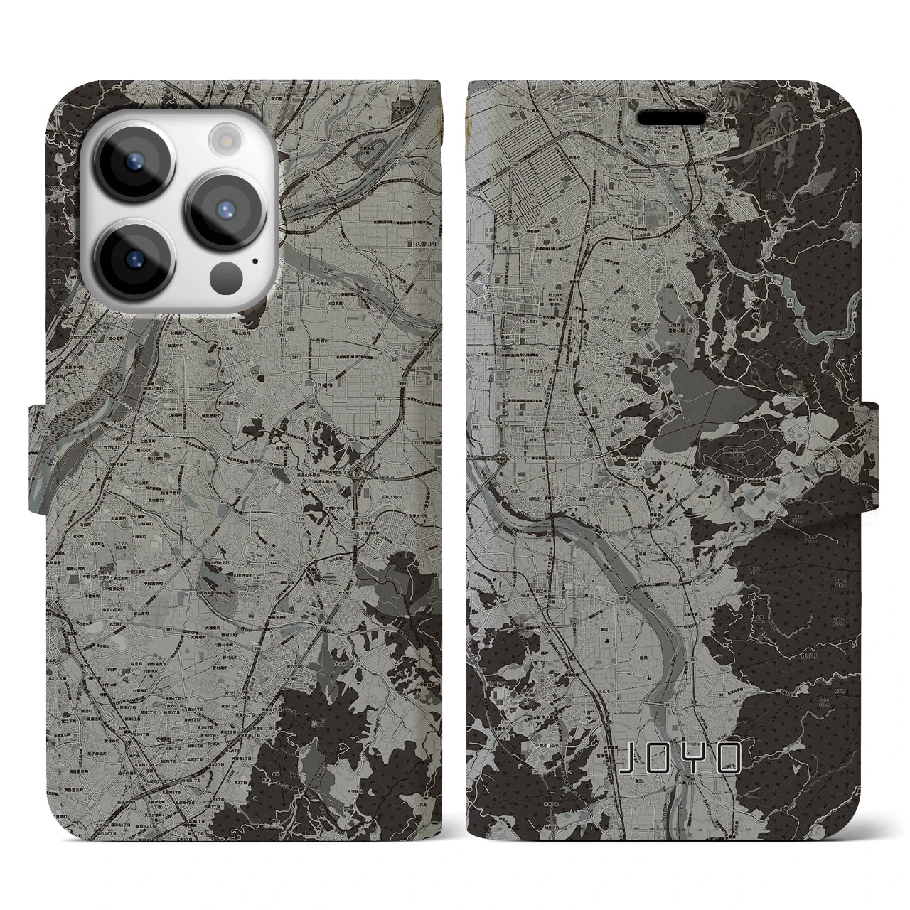 【城陽(京都府)】地図柄iPhoneケース(手帳タイプ)モノトーン・iPhone 14 Pro 用