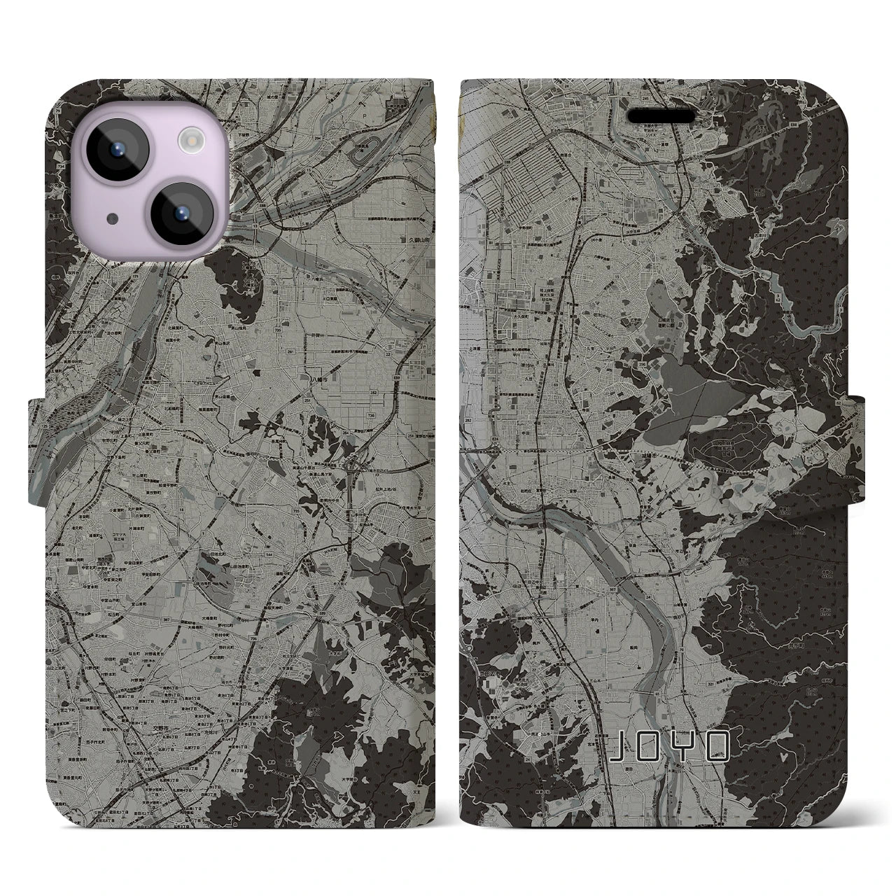 【城陽(京都府)】地図柄iPhoneケース(手帳タイプ)モノトーン・iPhone 14 用