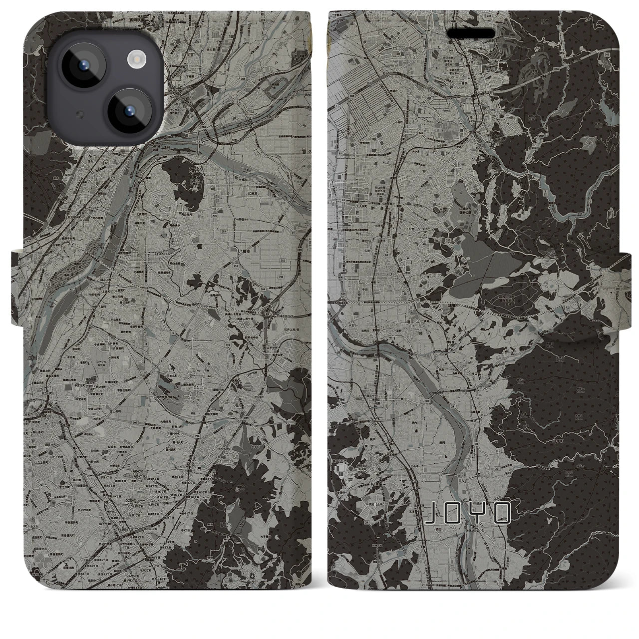 【城陽(京都府)】地図柄iPhoneケース(手帳タイプ)モノトーン・iPhone 14 Plus 用