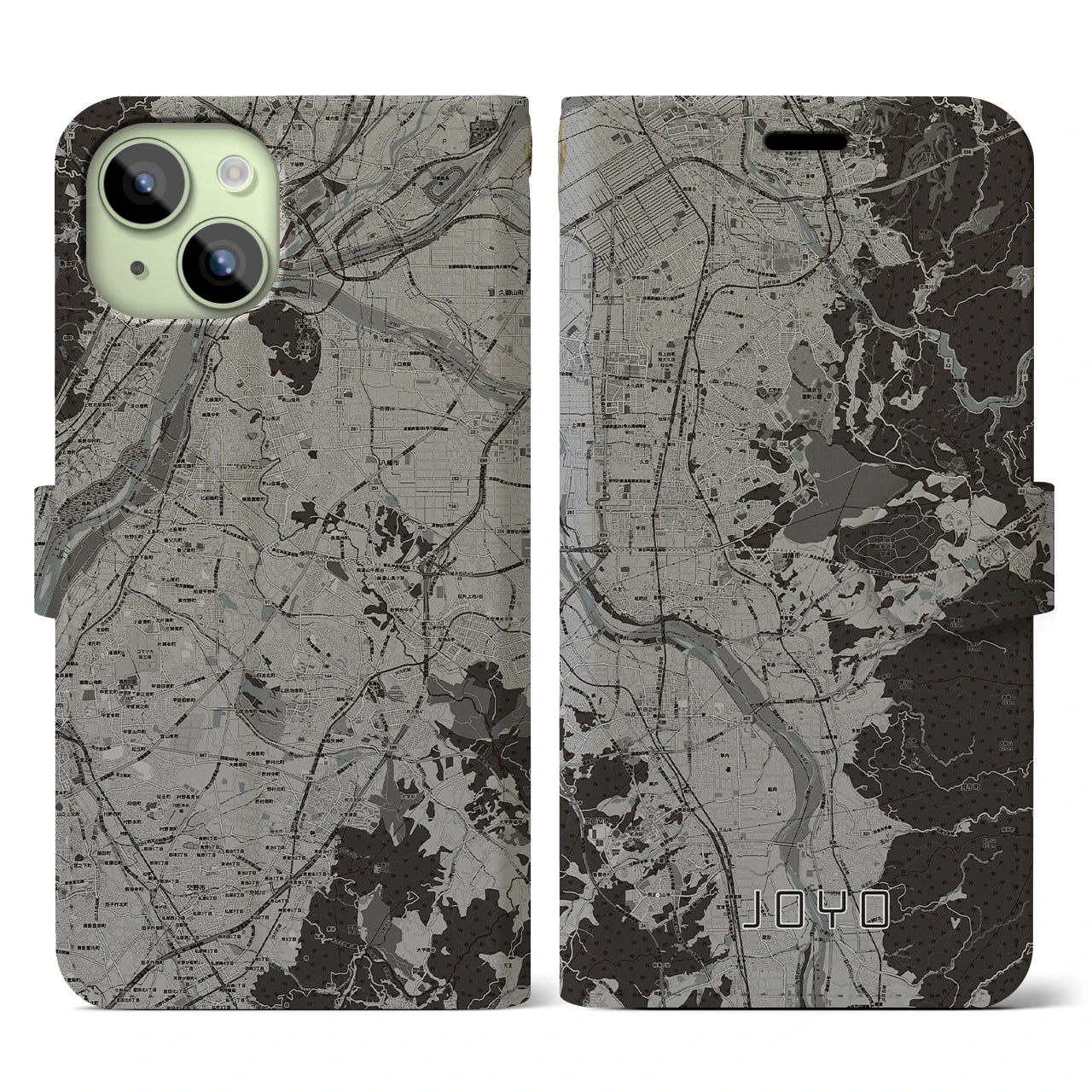 【城陽(京都府)】地図柄iPhoneケース(手帳タイプ)モノトーン・iPhone 15 用