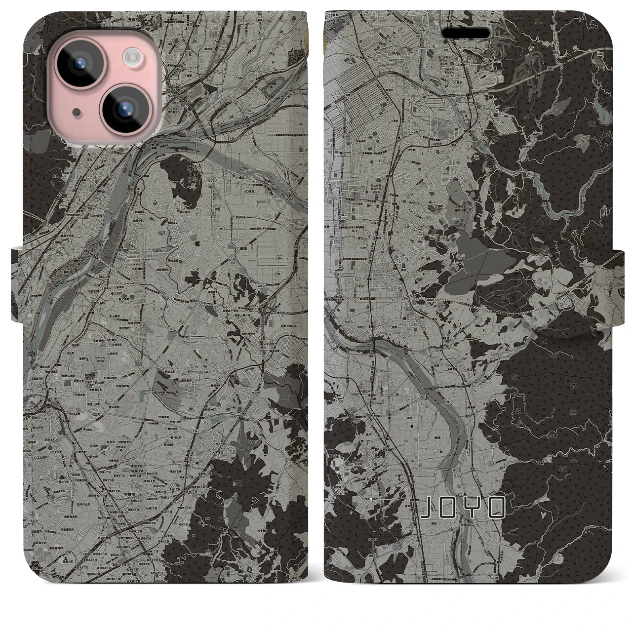 【城陽(京都府)】地図柄iPhoneケース(手帳タイプ)モノトーン・iPhone 15 Plus 用