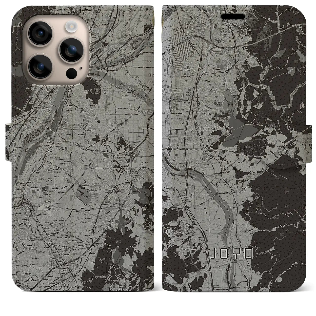 【城陽(京都府)】地図柄iPhoneケース(手帳タイプ)モノトーン・iPhone 16 Plus 用