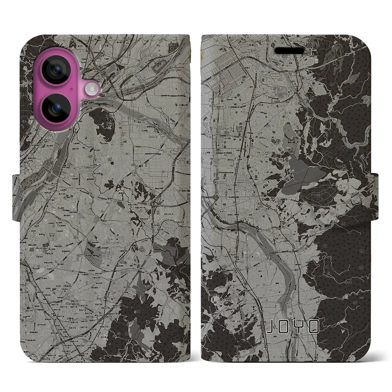 【城陽(京都府)】地図柄iPhoneケース(手帳タイプ)モノトーン・iPhone 16 Pro 用