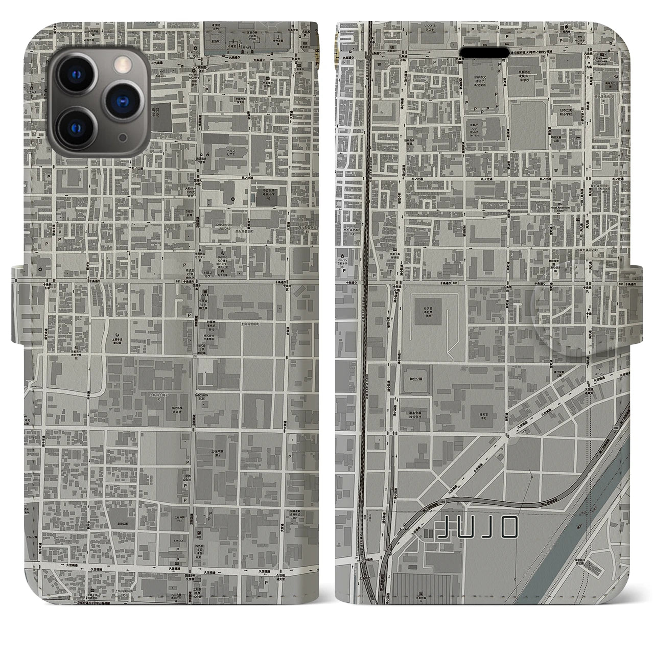 【十条(京都府)】地図柄iPhoneケース(手帳タイプ)モノトーン・iPhone 11 Pro Max 用
