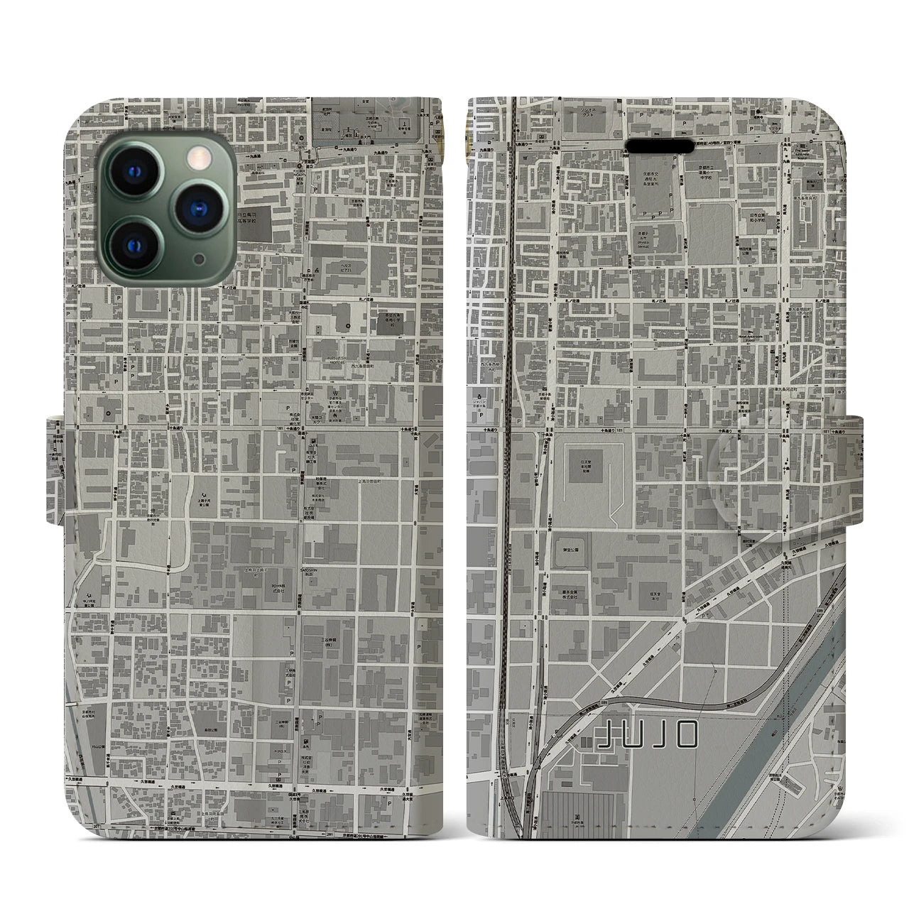【十条(京都府)】地図柄iPhoneケース(手帳タイプ)モノトーン・iPhone 11 Pro 用