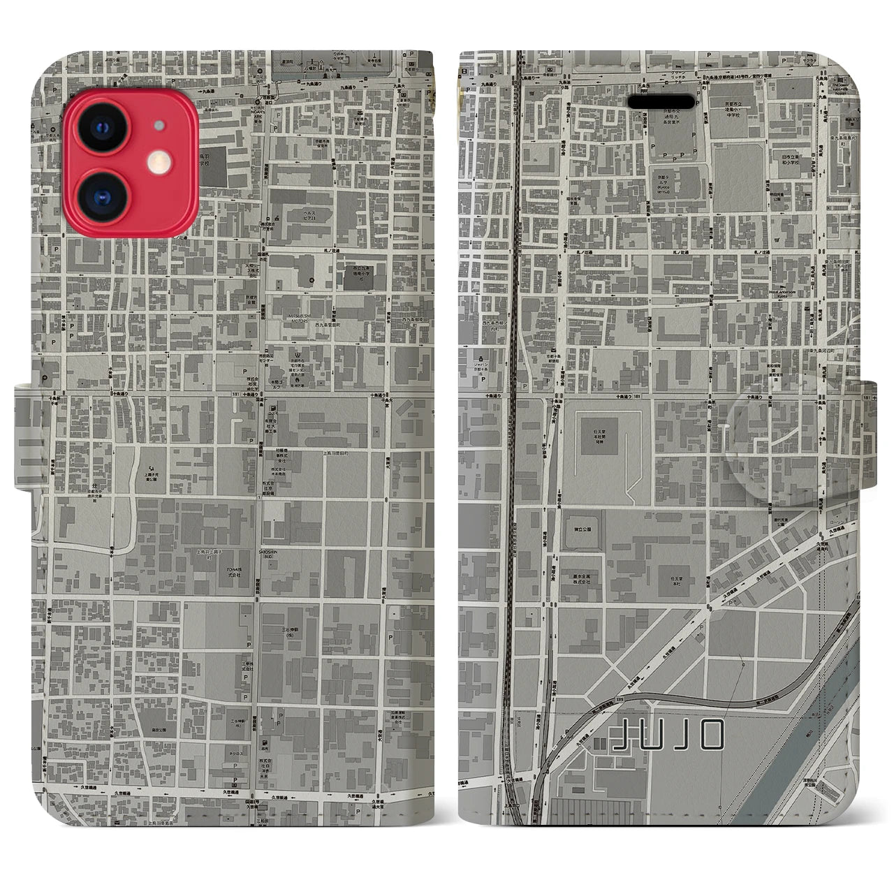 【十条(京都府)】地図柄iPhoneケース(手帳タイプ)モノトーン・iPhone 11 用