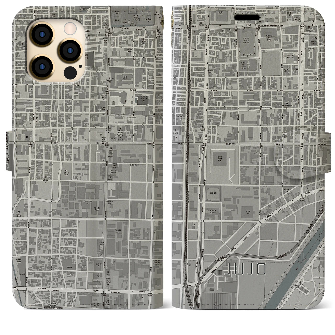 【十条(京都府)】地図柄iPhoneケース(手帳タイプ)モノトーン・iPhone 12 Pro Max 用
