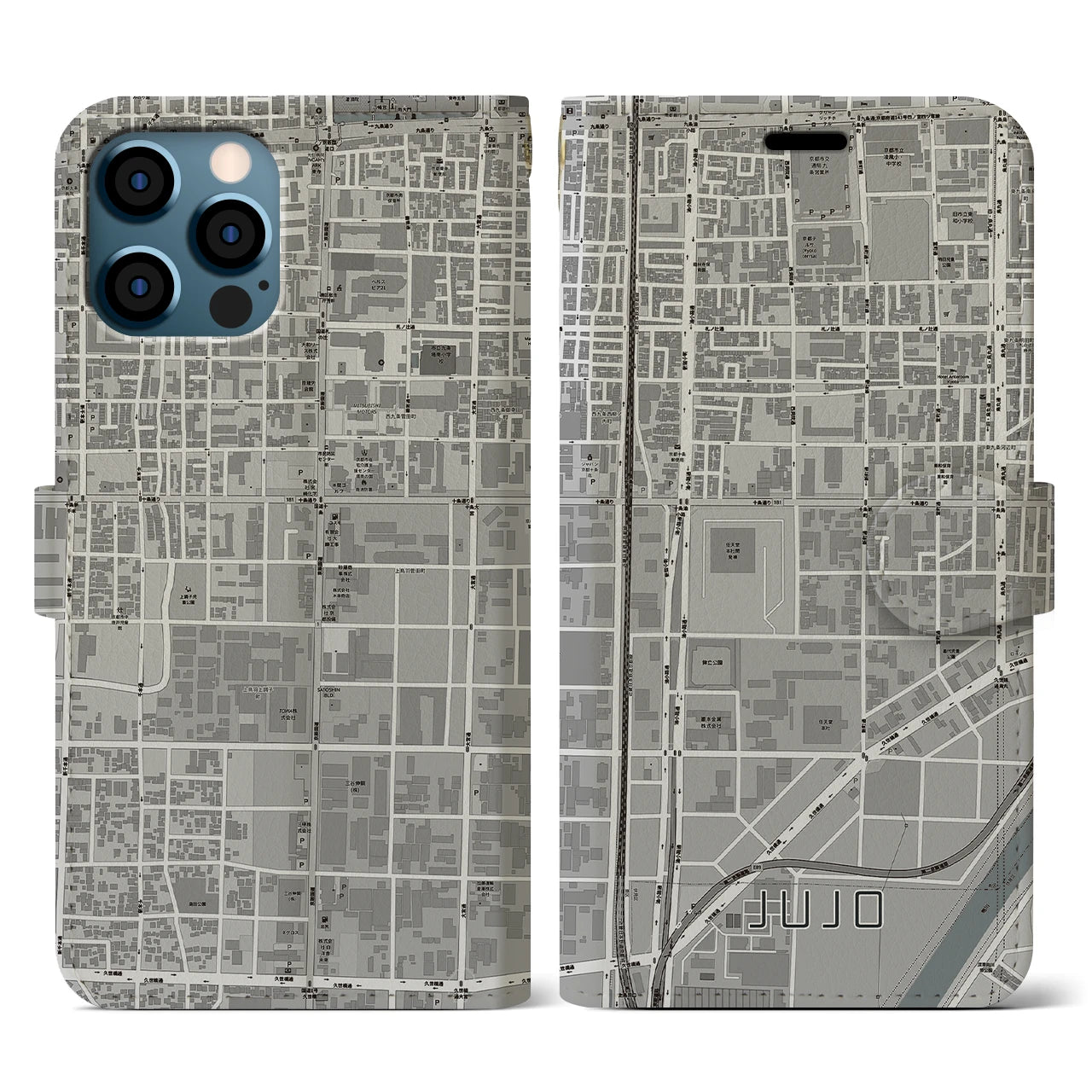 【十条(京都府)】地図柄iPhoneケース(手帳タイプ)モノトーン・iPhone 12 / 12 Pro 用