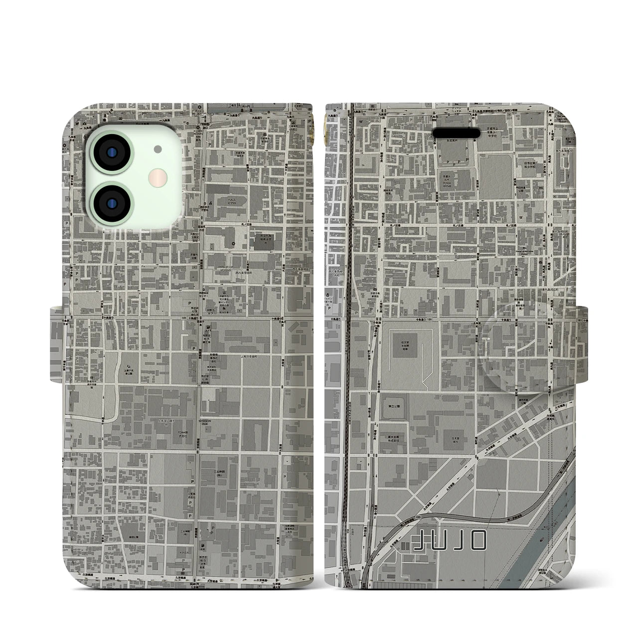 【十条(京都府)】地図柄iPhoneケース(手帳タイプ)モノトーン・iPhone 12 mini 用