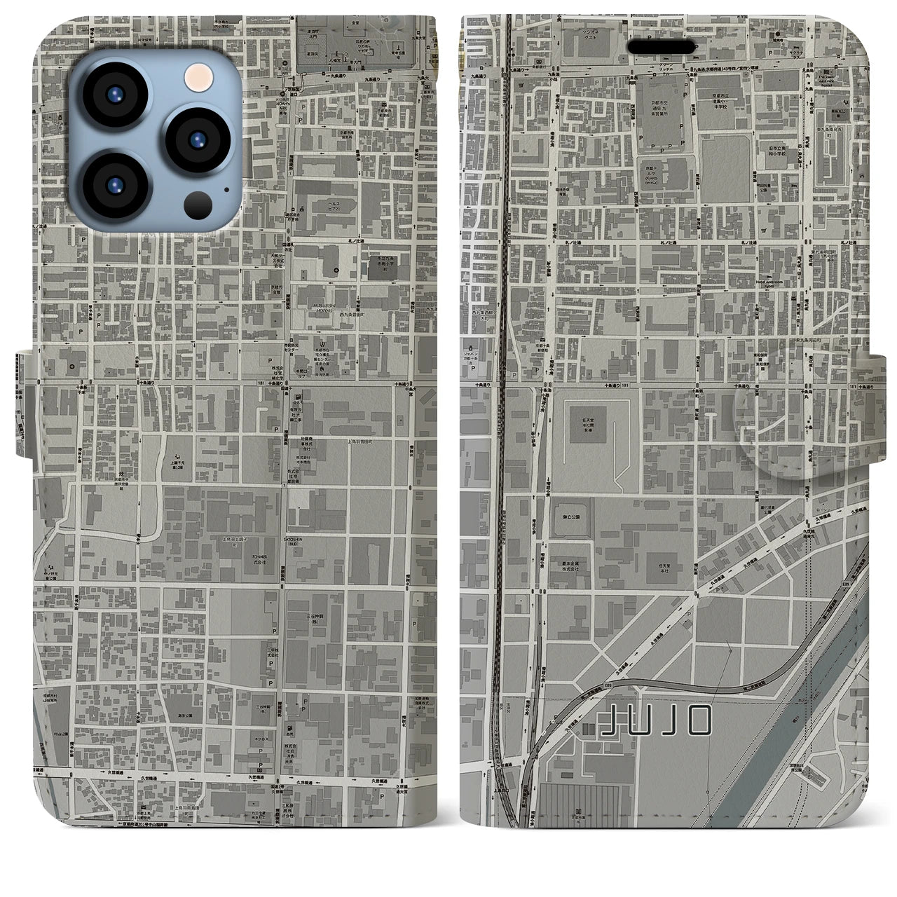 【十条(京都府)】地図柄iPhoneケース(手帳タイプ)モノトーン・iPhone 13 Pro Max 用