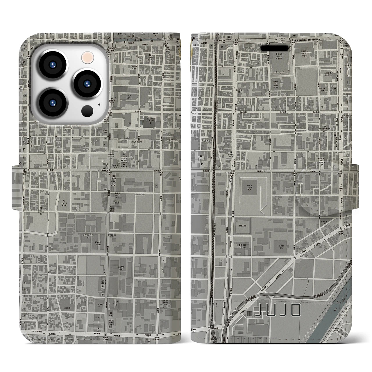 【十条(京都府)】地図柄iPhoneケース(手帳タイプ)モノトーン・iPhone 13 Pro 用