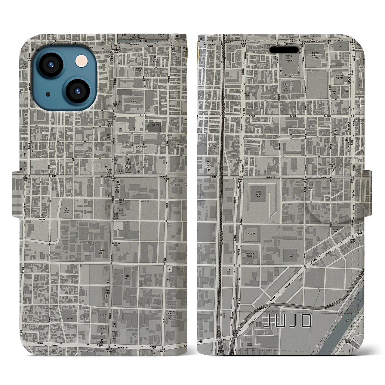 【十条(京都府)】地図柄iPhoneケース(手帳タイプ)モノトーン・iPhone 13 用