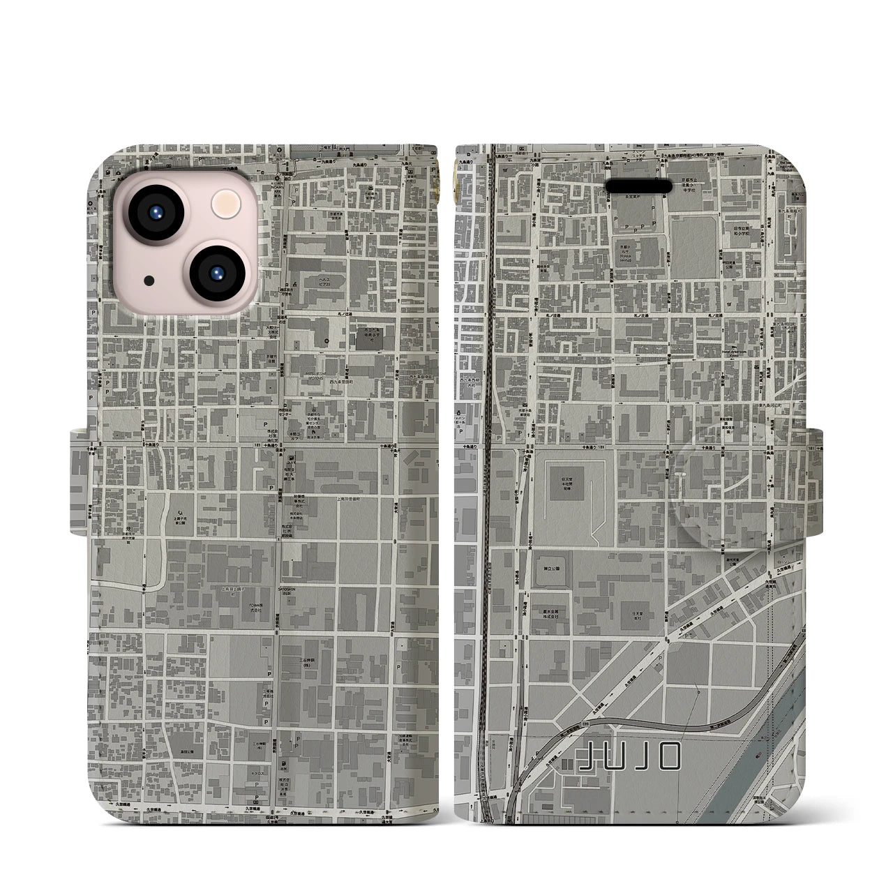 【十条(京都府)】地図柄iPhoneケース(手帳タイプ)モノトーン・iPhone 13 mini 用