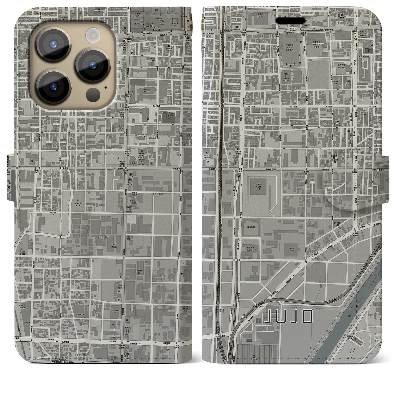 【十条(京都府)】地図柄iPhoneケース(手帳タイプ)モノトーン・iPhone 14 Pro Max 用