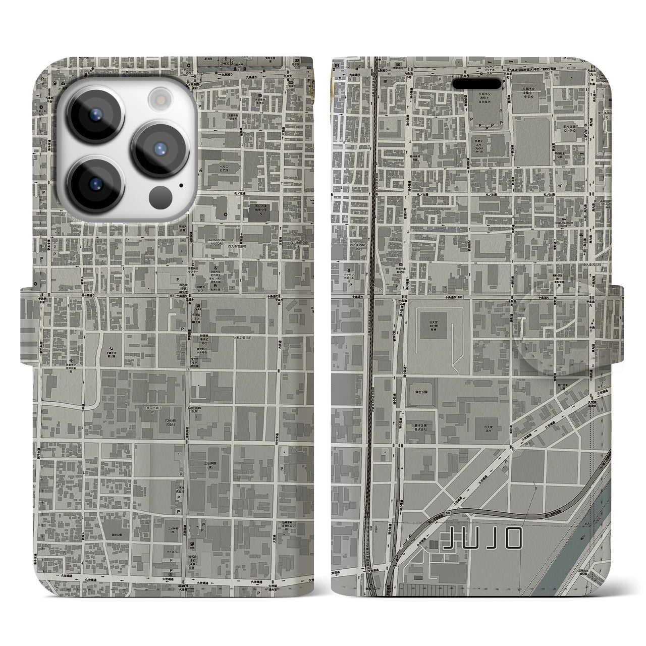 【十条(京都府)】地図柄iPhoneケース(手帳タイプ)モノトーン・iPhone 14 Pro 用