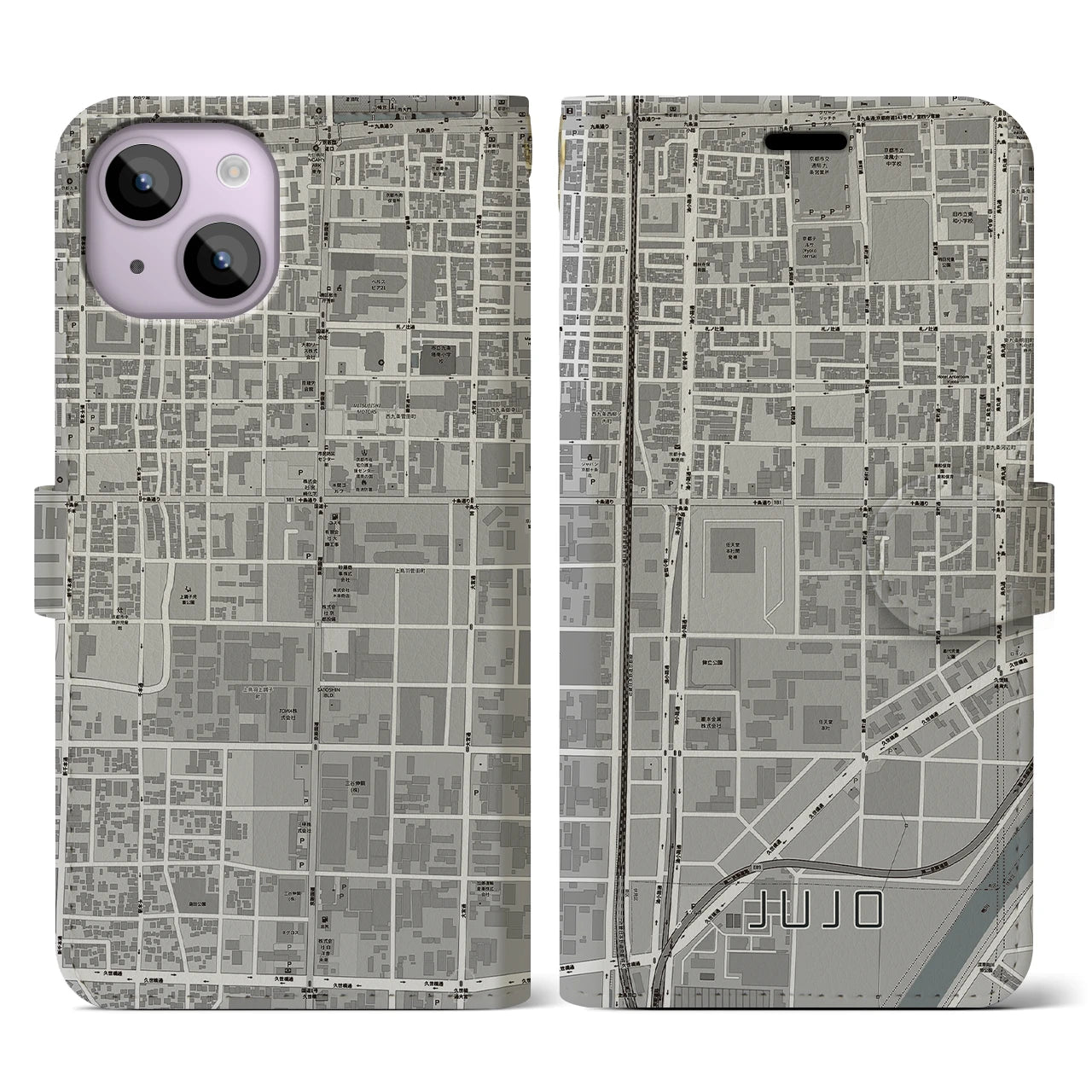 【十条(京都府)】地図柄iPhoneケース(手帳タイプ)モノトーン・iPhone 14 用
