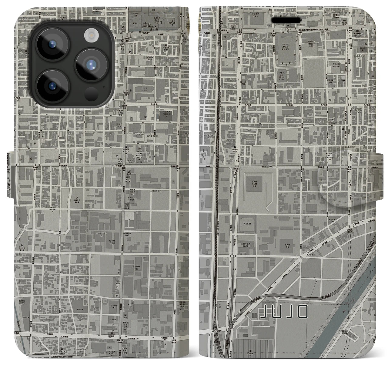 【十条(京都府)】地図柄iPhoneケース(手帳タイプ)モノトーン・iPhone 15 Pro Max 用