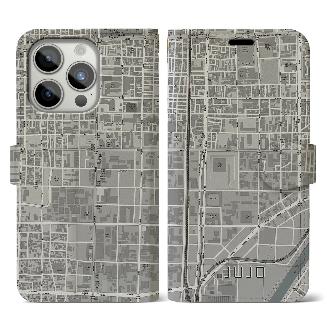 【十条(京都府)】地図柄iPhoneケース(手帳タイプ)モノトーン・iPhone 15 Pro 用