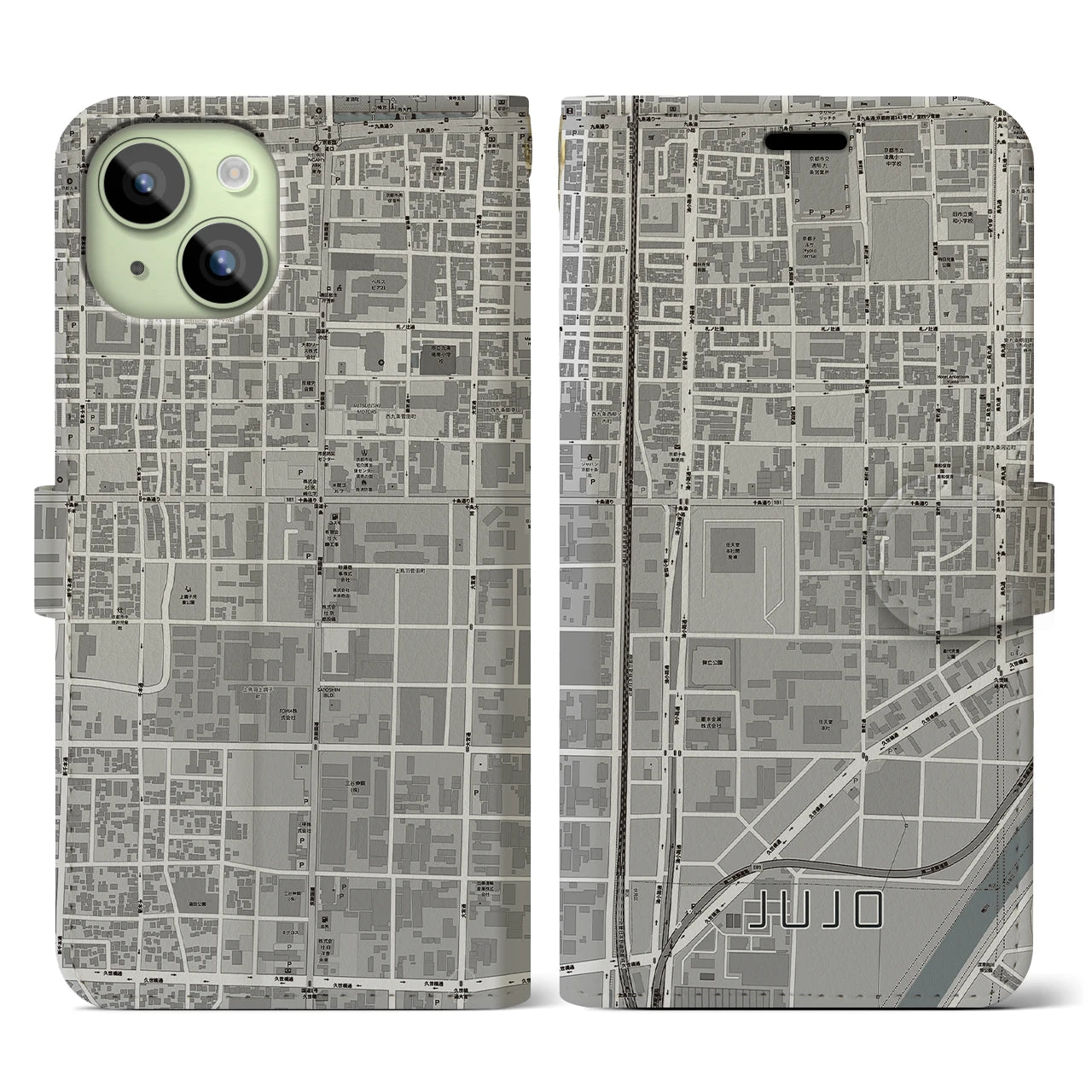 【十条(京都府)】地図柄iPhoneケース(手帳タイプ)モノトーン・iPhone 15 用