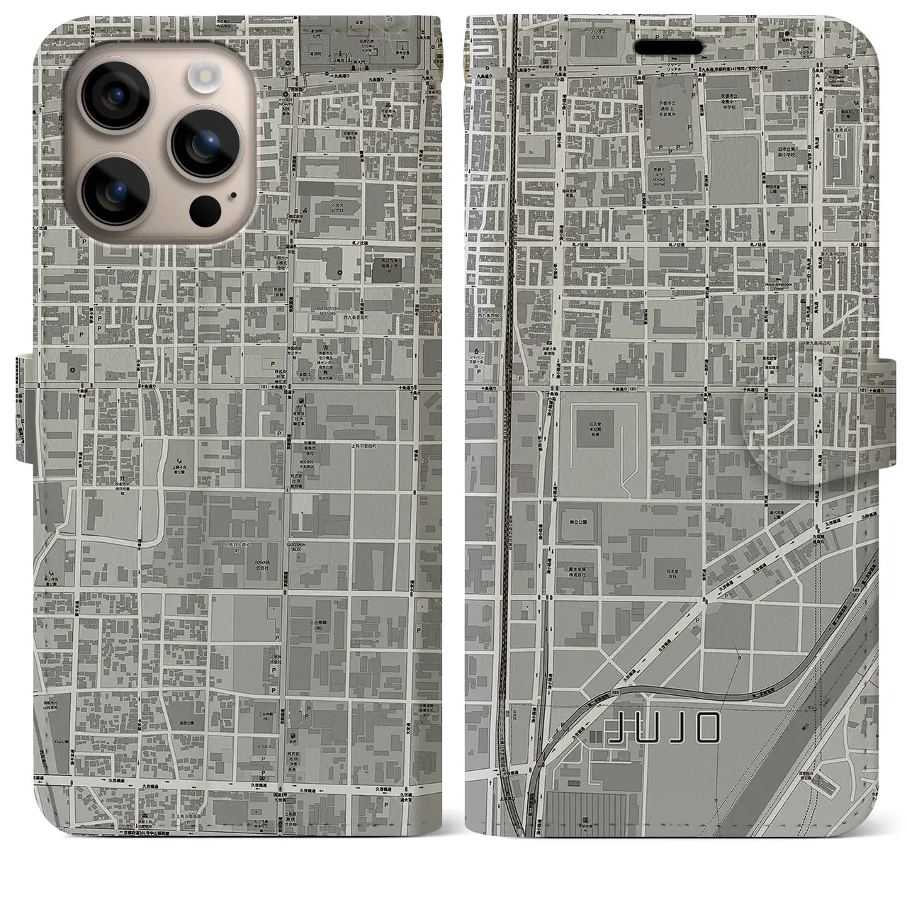 【十条(京都府)】地図柄iPhoneケース(手帳タイプ)モノトーン・iPhone 16 Plus 用