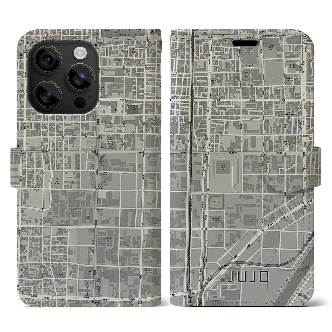 【十条(京都府)】地図柄iPhoneケース(手帳タイプ)モノトーン・iPhone 16 用