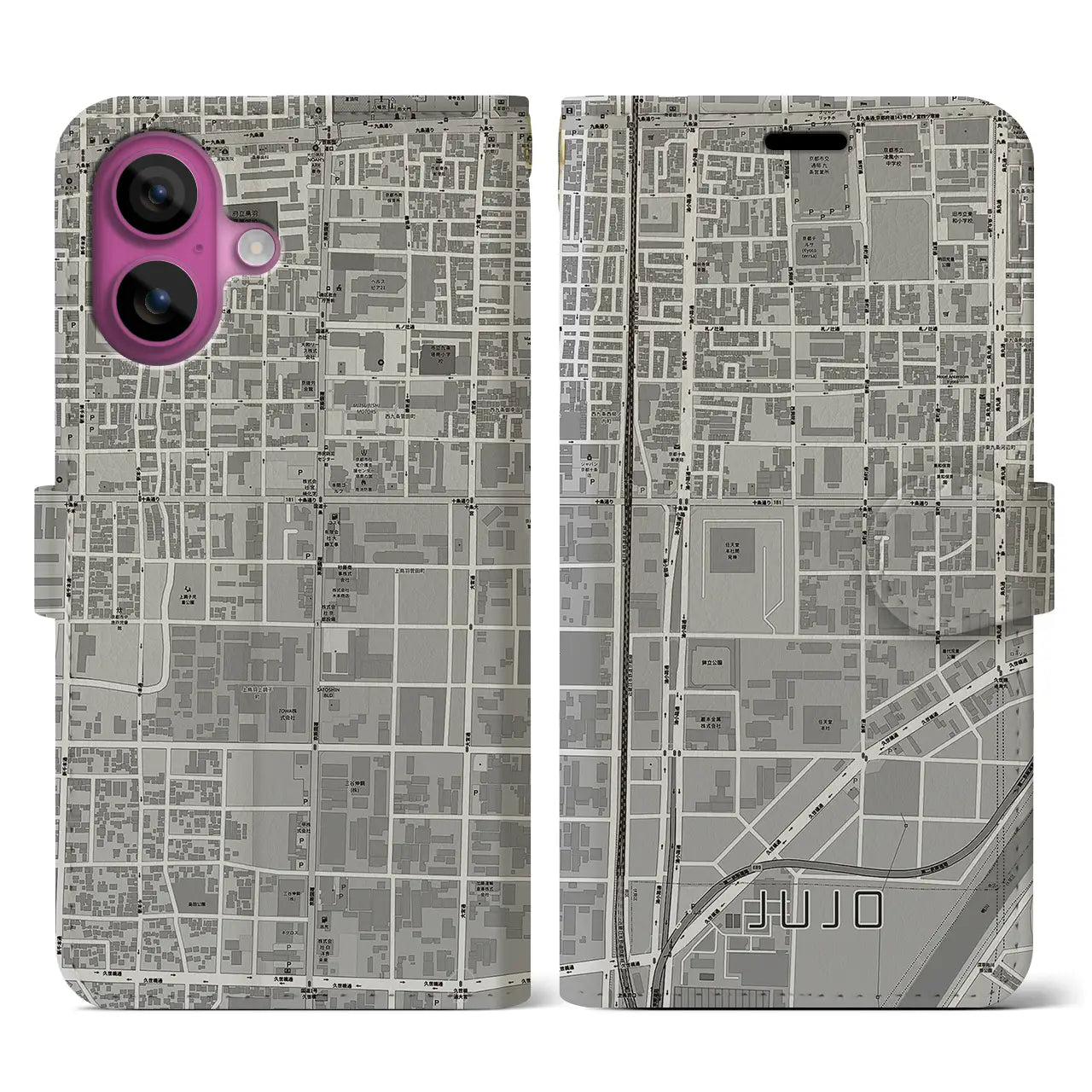 【十条(京都府)】地図柄iPhoneケース(手帳タイプ)モノトーン・iPhone 16 Pro 用