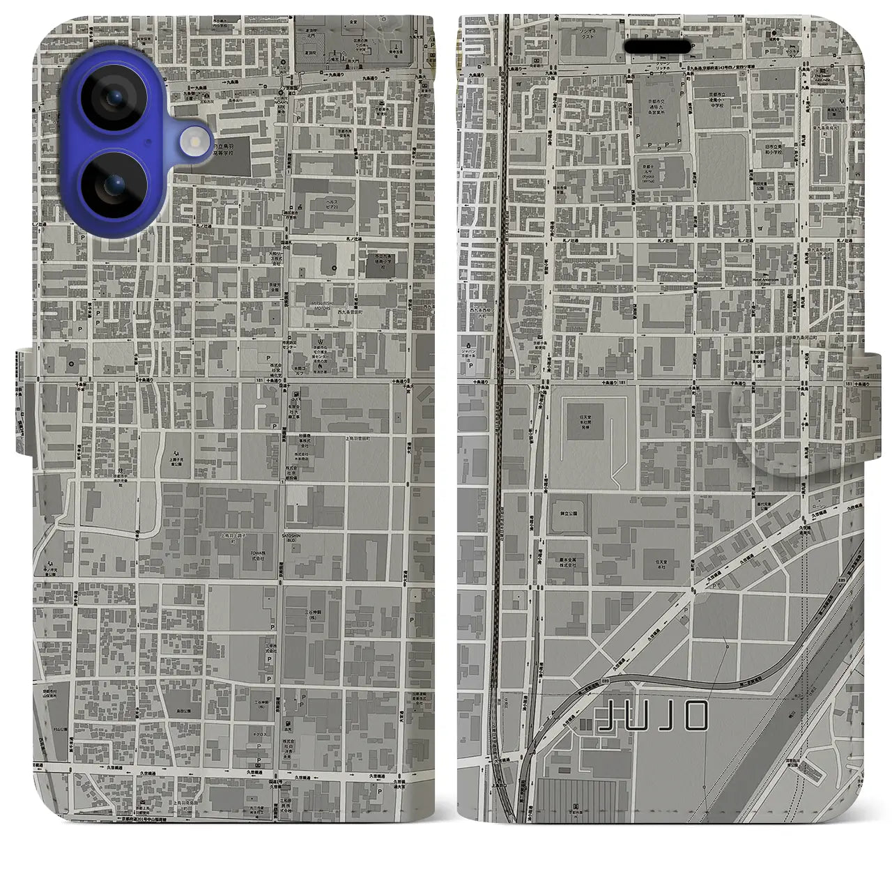 【十条(京都府)】地図柄iPhoneケース(手帳タイプ)モノトーン・iPhone 16 Pro Max 用