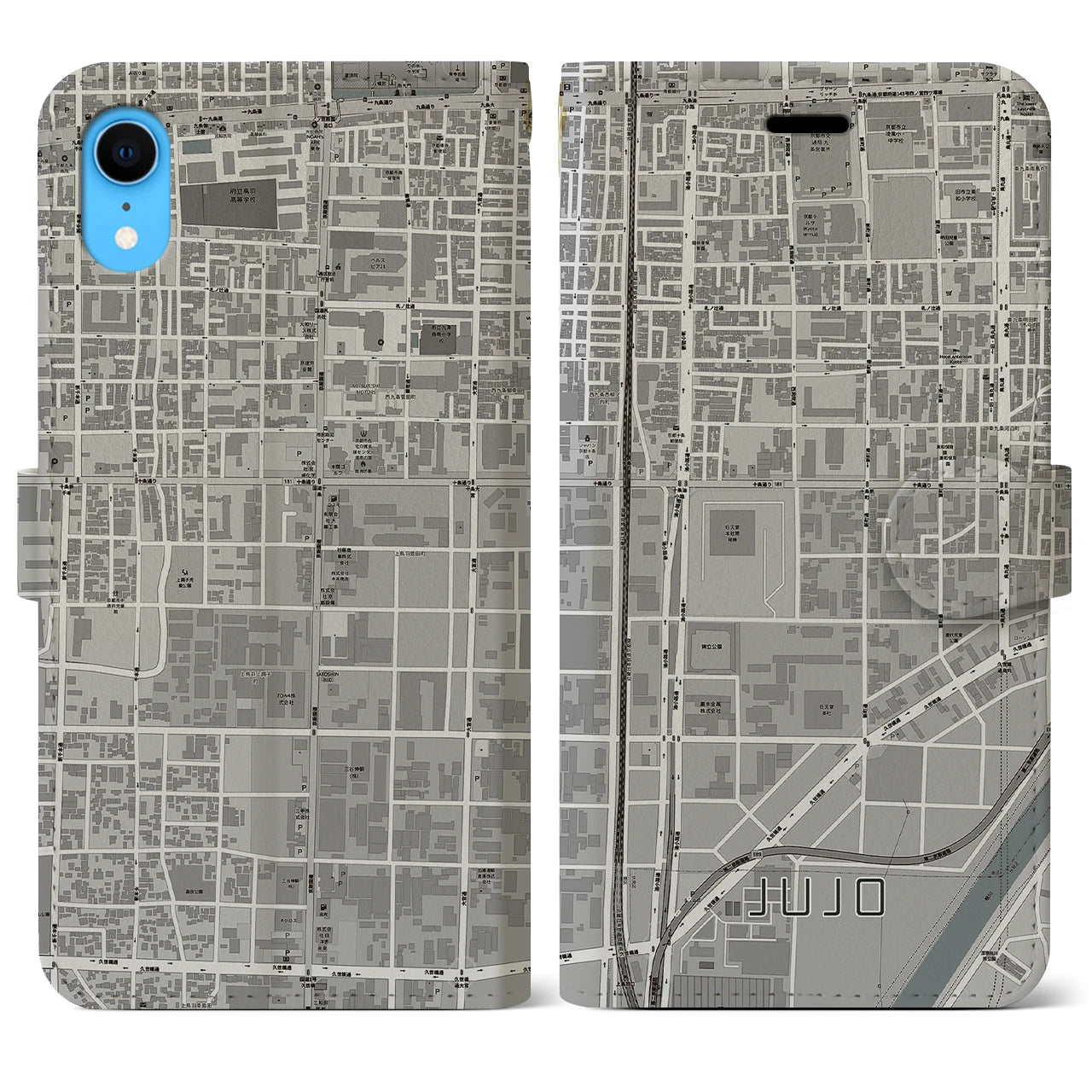 【十条(京都府)】地図柄iPhoneケース(手帳タイプ)モノトーン・iPhone XR 用