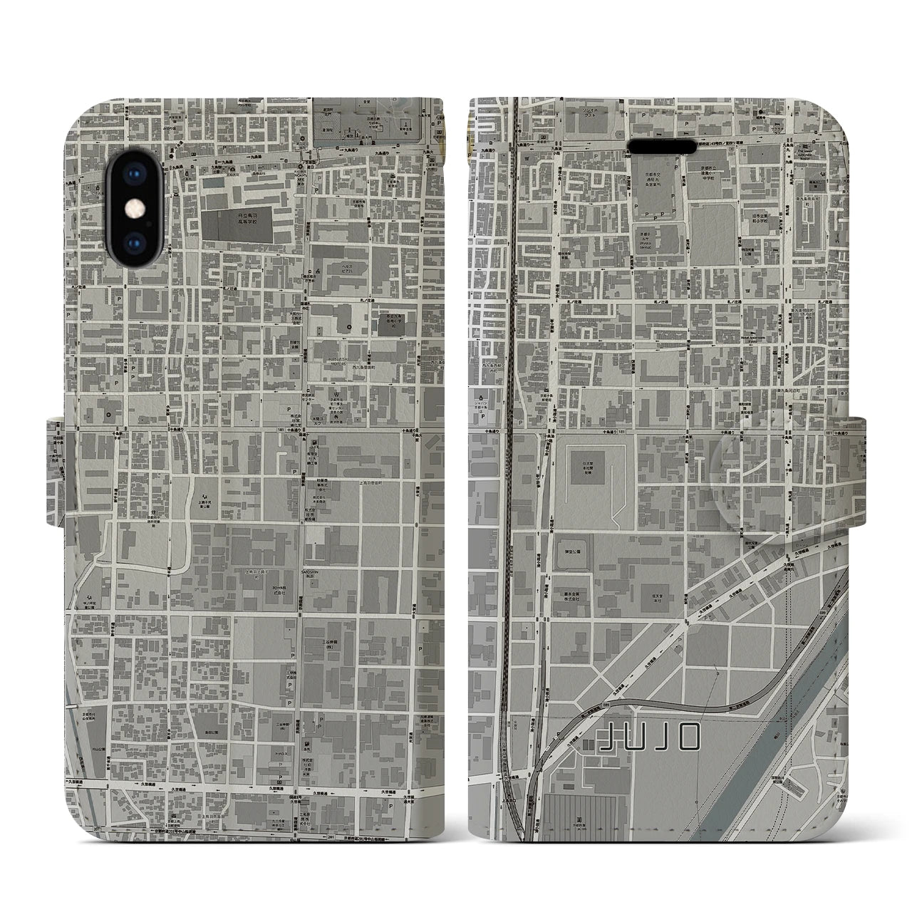 【十条(京都府)】地図柄iPhoneケース(手帳タイプ)モノトーン・iPhone XS / X 用