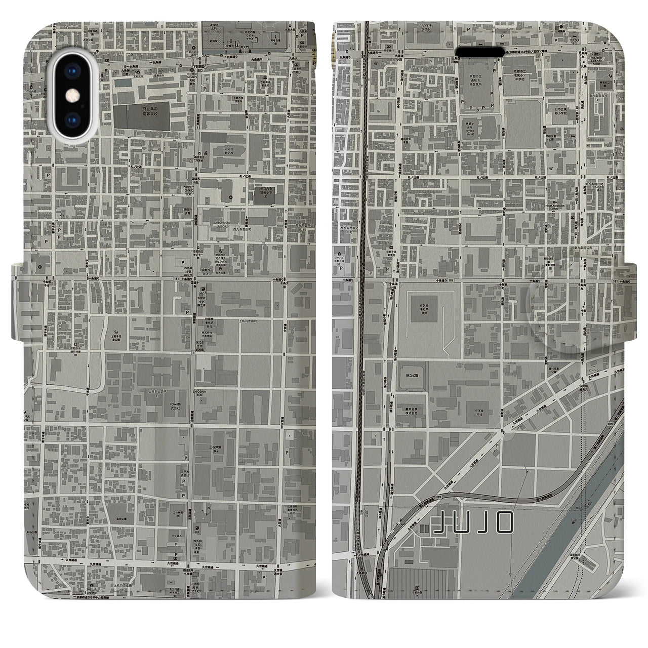 【十条(京都府)】地図柄iPhoneケース(手帳タイプ)モノトーン・iPhone XS Max 用
