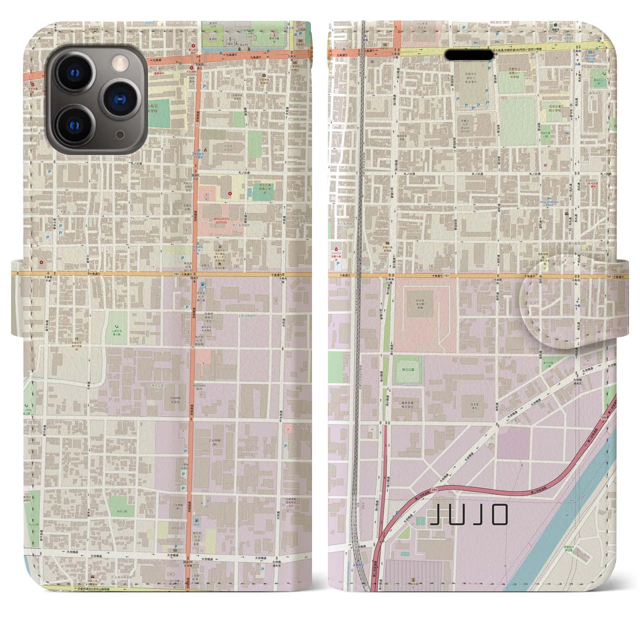 【十条(京都府)】地図柄iPhoneケース(手帳タイプ)ナチュラル・iPhone 11 Pro Max 用
